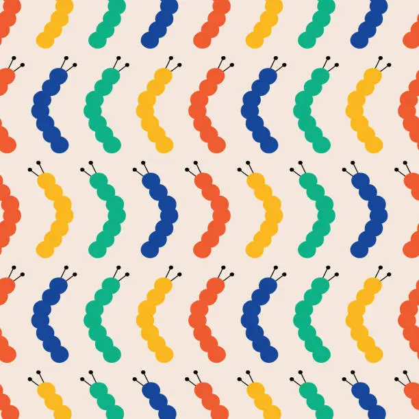 Vector illustration of Cute caterpillar hand drawn vector illustration. Colorful insect in flat style seamless pattern for kids fabric or wallpaper.