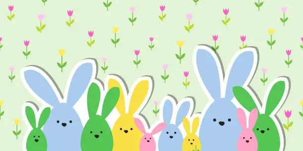 Vector illustration of Celebration Greeting Easter card, colorful easter bunny family on polka dot background