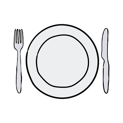 Hand drawn doodle fork, knife and plate isolated on white background. Vector illustration.