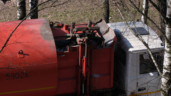 Orange body of garbage truck top view