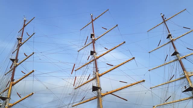 Masts of a sailing ship against a blue sky.