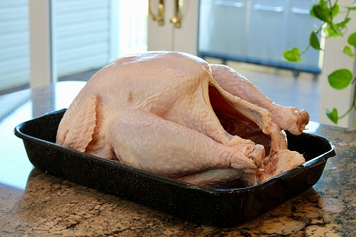 A whole raw turkey that is resting in a roasting pan.
