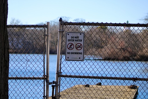 A sign posted on a metal gate that says no swimming.