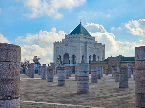 view of square and Mausoleum of King Mohammed V located on opposite side Hassan Tower