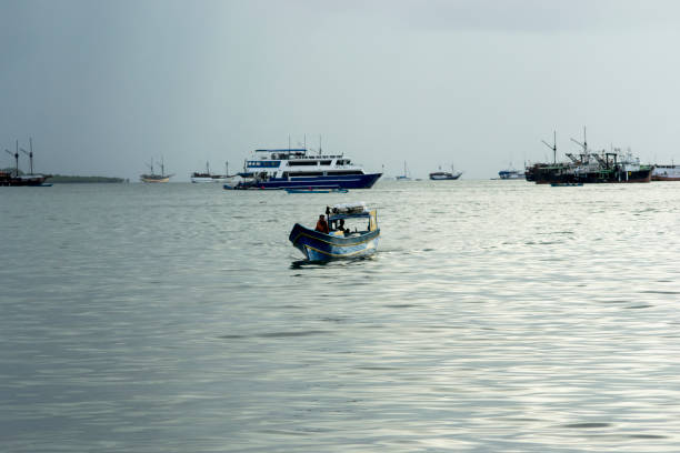 View of tropical sandy Nungwi beach and traditional wooden dhow boats in the Indian ocean on Zanzibar, Tanzania