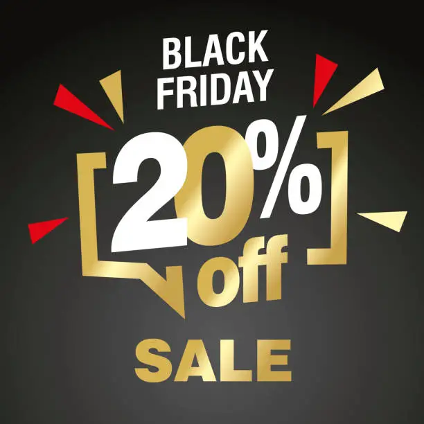 Vector illustration of Black Friday 20 percent off sale modern gold black color sticker icon banner