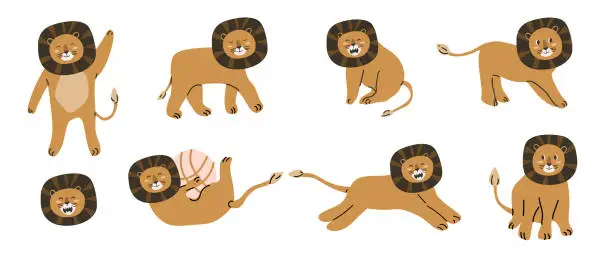 Vector illustration of Set of jungle baby animals lions in scandinavian style