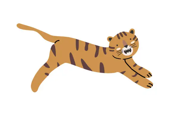 Vector illustration of tropical cute wild cat animal - tiger in jump