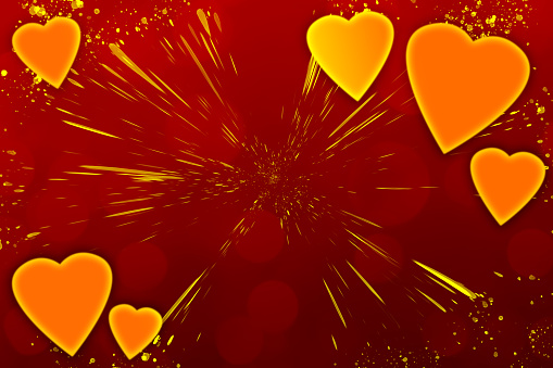 Red background with heart shapes, bokeh light and light beams. Can be used as a design for romantic or Valentine's day holiday greeting cards or posters.