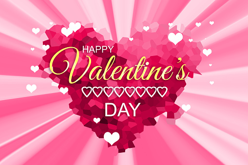 Red low-poly stylized heart with radial light beams and HAPPY VALENTINE'S DAY lettering. Can be used as a design for Valentine's day holiday greeting cards or posters.