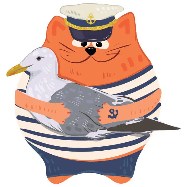 Vector illustration of A red cute cartoon Cat captain in a captain's hat and a striped T-shirt holds a seagull in his paws. Vector funny character.