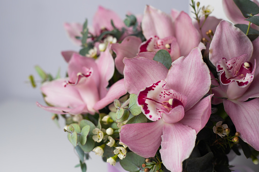 A fresh bouquet of pink flowers collected by a professional florist. Orchids and eucalyptus. Flower shop. Flower delivery. Master class, courses on assembling bouquets of different flowers. For background design, banner, packaging.