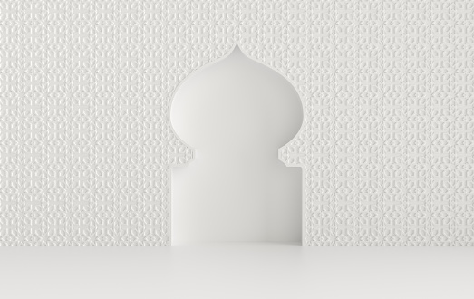 3d render white mosque element in ornate arabic, Islamic architecture style. Ramadan Kareem muslim community festival. Interior mock up