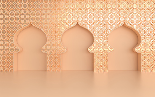 3d render beige, golden mosque element in ornate arabic, Islamic architecture style. Ramadan Kareem muslim community festival. Interior mock up