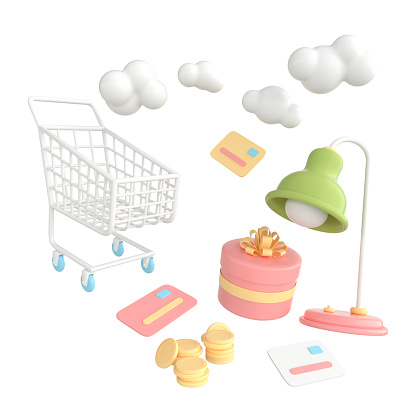 Set of cartoon 3d rendering shopping cart, giftbox, shopping bag, credit card, lamp, coins isolated on white background