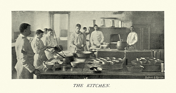 Vintage picture Chefs preparing meals in the kitchen, Royal Victoria Hospital or Netley Hospital, Victorian Healthcare, 1890s, 19th Century. The Royal Victoria Hospital or Netley Hospital was a large military hospital in Netley, near Southampton, Hampshire, England