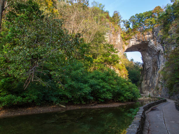 Embracing the charm of fall, the iconic Natural Bridge of Virginia stands majestically adorned in a tapestry of autumn hues, its ancient arch bathed in the warm glow of seasonal colors, harmonizing with the vast expanse of a serene azure sky.