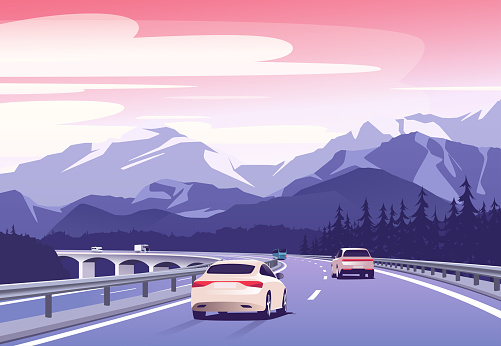 Vector illustration of a cars driving on a bridge over a valley in the mountains.