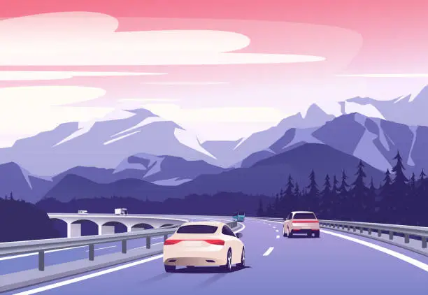 Vector illustration of Vector illustration of a cars driving on a bridge over a valley in the mountains