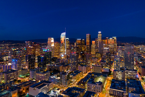 An aerial view of Downtown Los Angeles at night.