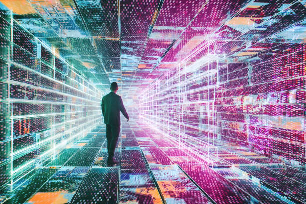 istock Man walking in futuristic VR environment 2071770580