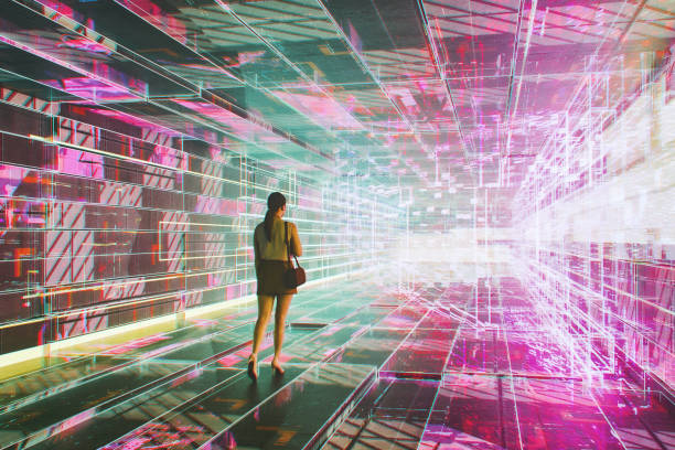istock Woman walking in futuristic VR environment 2071770585