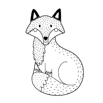 Cute black and white fox in a sitting position. Forest character in cartoon style for kids design. Woodland animal in outline for coloring. Vector illustration