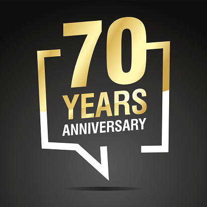 70 Years Anniversary celebrating, gold white speech bubble, logo, icon on black background