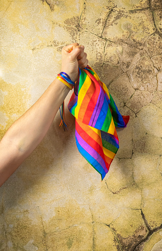 Feminine hand with rainbow bracelet tightly gripping a lgbt flag, showing pride and respect.