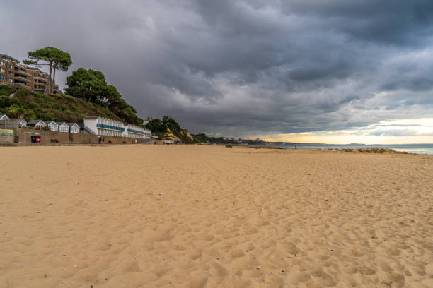 Branksome Chine Beach, Dorset, England, UK - September 28, 2022:  View from the beach towards Bournemouth with storm approaching
