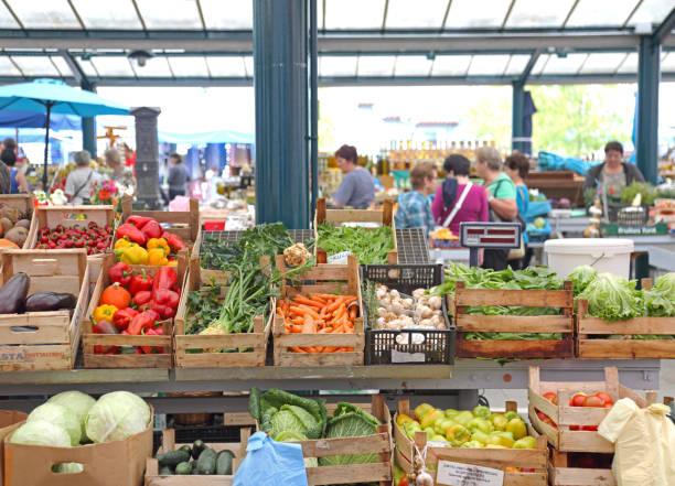 Rovinj, Croatia - October 16, 2014: Fresh Vegetable Produce in Wooden Crates at Local Farmers Market Istria.