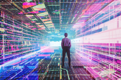 Man standing in futuristic VR environment. 3D generated image.