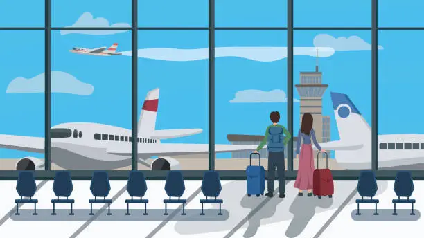 Vector illustration of Passengers waiting in airport terminal with Luggage and backpack while waiting for the flight.  Vector Illustration of Airport Lounge. Travel, tourism, flying concepts