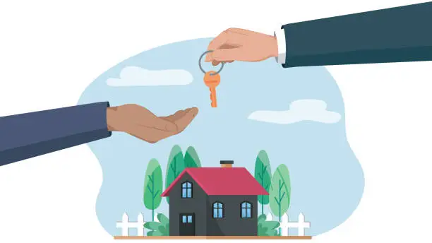 Vector illustration of A vector illustration of a hand giving a house key to another, with a home background signaling property ownership transfer.