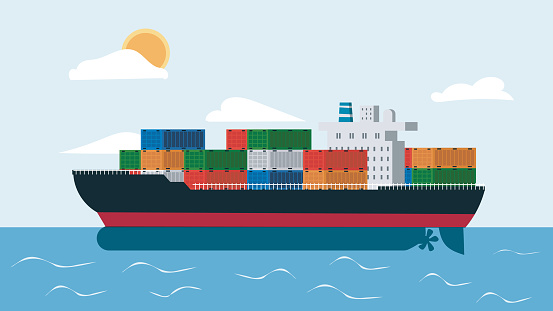 A vector illustration of a large cargo ship loaded with multicolored shipping containers sailing across the ocean. Cargo Ship Laden with Containers - Maritime Transportation of Goods.