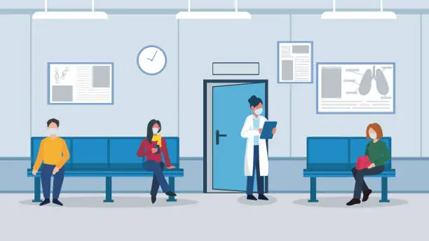 Vector illustration of Vector illustration of a group of patients waiting doctor in hospital hall
for a medical appointment. Medical healthcare background.
