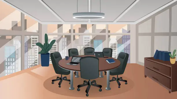 Vector illustration of Vector illustration of empty modern corporate meeting room, interior view. Cartoon style conference room with a round table and chairs. Business, communication concepts.