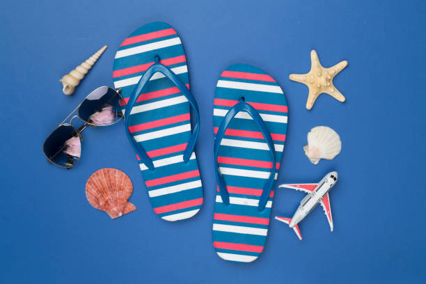 istock Flip flops with sunglasses and airplane on color background, top view 2071904000