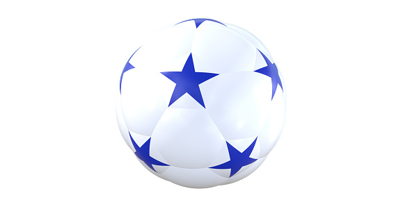 White soccer ball with blue stars. Rotating soccer ball. Football symbol. 3d rendering