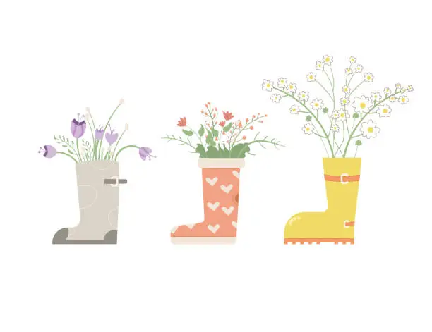 Vector illustration of Rubber boot with flowers bouquet. Gardening spring beauty set. Vector illustration isolated on white background.