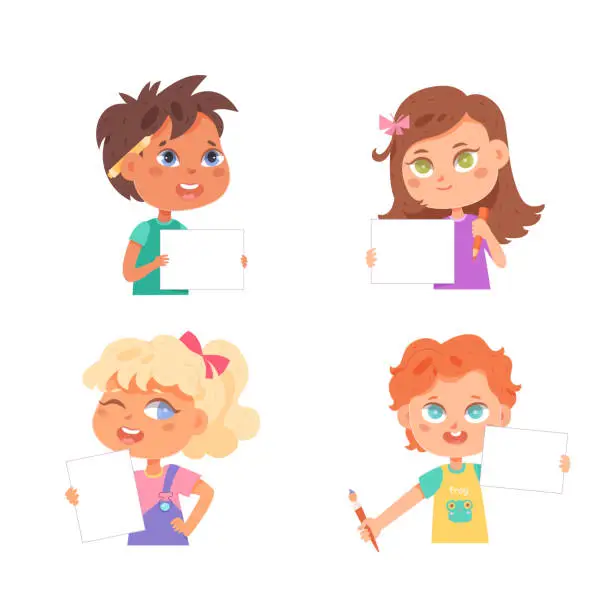 Vector illustration of Cute children with pencils and brush show empty paper sheets while creating drawings at school or home. Young kids painters. Learning, education, playing concept. Cartoon fun vector illustration set