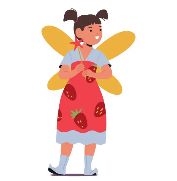 Vector illustration of Little Girl In Fairy Costume. Garden Pixie Character with Delicate Wings and Gown Adorned With Strawberries, Vector