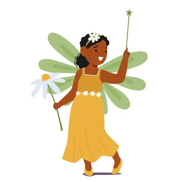 Vector illustration of Black Child Character In Delicate Fairy Costume with Wand and Flower. Little Girl Radiates Enchantment With Green Wings