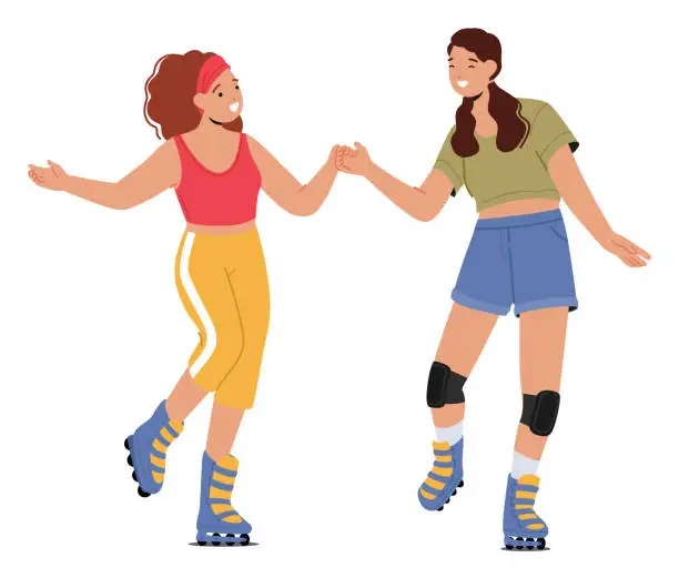 Vector illustration of Girl Friend Characters Roller Skating, Laugh And Share Moments, Glide Smoothly On Wheels, Enjoying The Freedom