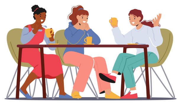 Group Of Women Share Laughter And Stories In A Cozy Cafe, Bonding Over Cups Of Coffee, Vector Illustration Group Of Women Share Laughter And Stories In A Cozy Cafe, Bonding Over Cups Of Coffee. Their Camaraderie Fills The Air With Warmth, Symbolizing Enduring Friendship. Cartoon People Vector Illustration meeting at cafe stock illustrations