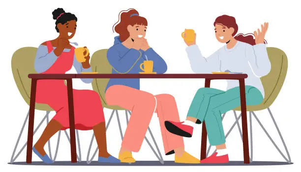 Vector illustration of Group Of Women Share Laughter And Stories In A Cozy Cafe, Bonding Over Cups Of Coffee, Vector Illustration