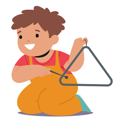 Delightful Little Child Is Engrossed In Play, Sitting On The Floor With Triangle, Exploring The Sounds With Innocent Curiosity And Joy. Boy Character at Music Class. Cartoon People Vector Illustration