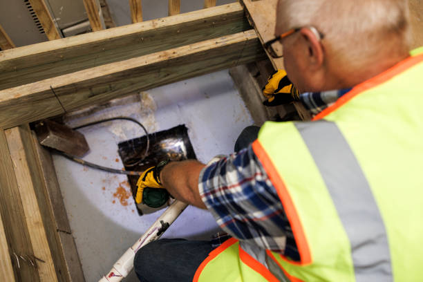 Sump Pit Drainage System checking by mature worker. Water damage in basement and repair works