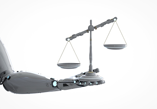 Cyber law concept with 3d rendering robotic hand holding law scale
