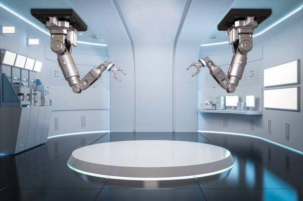 istock Robot assembly line in white futuristic factory or laboratory 2071953849